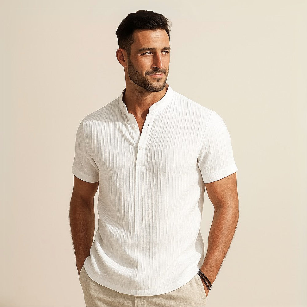 Camisa Gola Padre Plissada listrada Old Money Richelieu branca