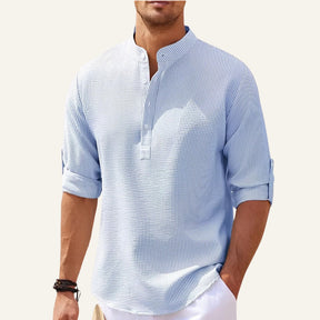 Camisa Masculina de Linho Listrada Old Money Ascot Azul Clara