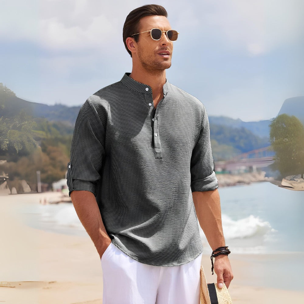 Camisa Masculina de Linho Listrada Old Money Ascot Cinza 
