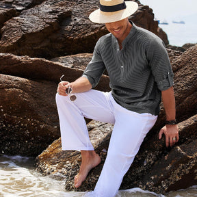 Camisa Masculina de Linho Listrada Old Money Ascot Cinza
