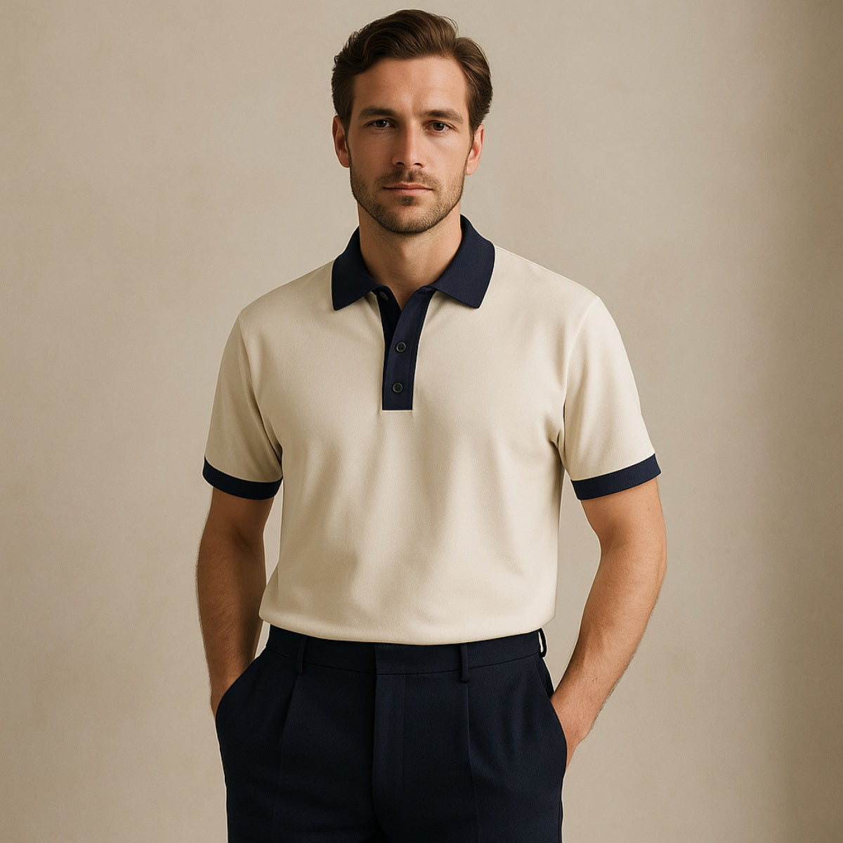 Camisa Polo Lisa de Algodao Vittore off white e azul marinho