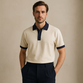 Camisa Polo Lisa de Algodao Vittore off white e azul marinho