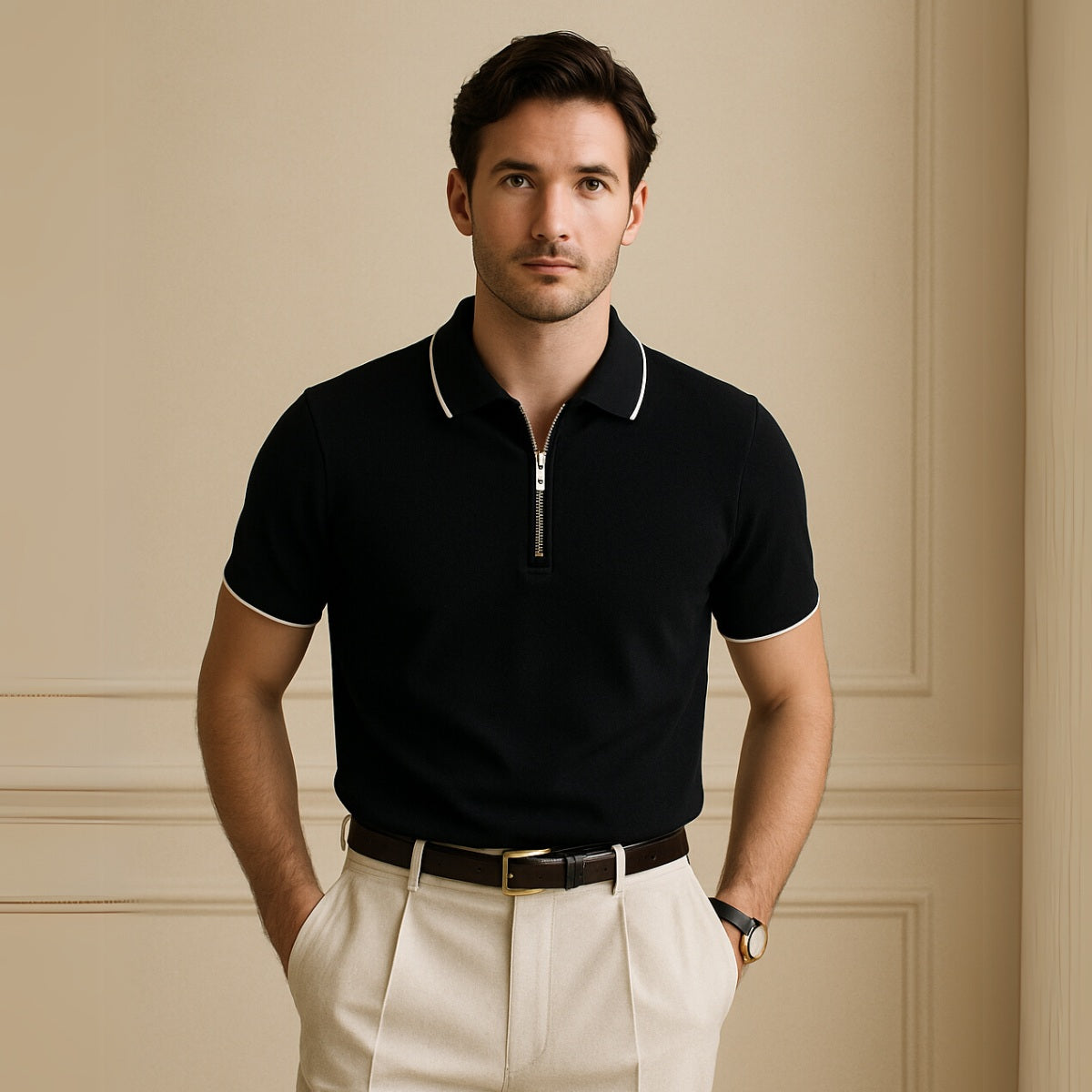 Camisa Polo com Ziper Old Money Manttan preto