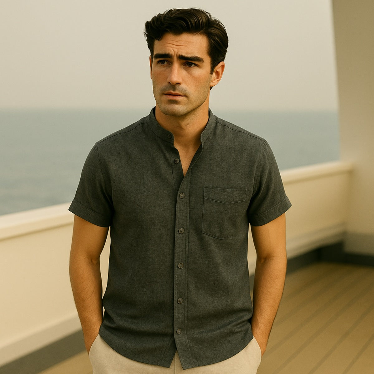Camisa lisa de Algodao Beaumont com bolso frontal cinza