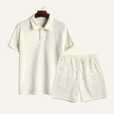 Conjunto Masculino Camisa Polo Short Old Money Jacquard Geometrik Bege