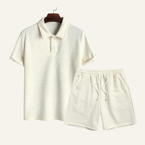 Conjunto Masculino Camisa Polo Short Old Money Jacquard Geometrik Bege