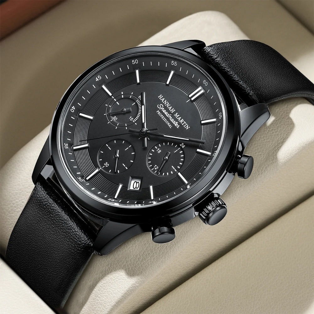 Mens Black Leather Watch - Luxemiro Black