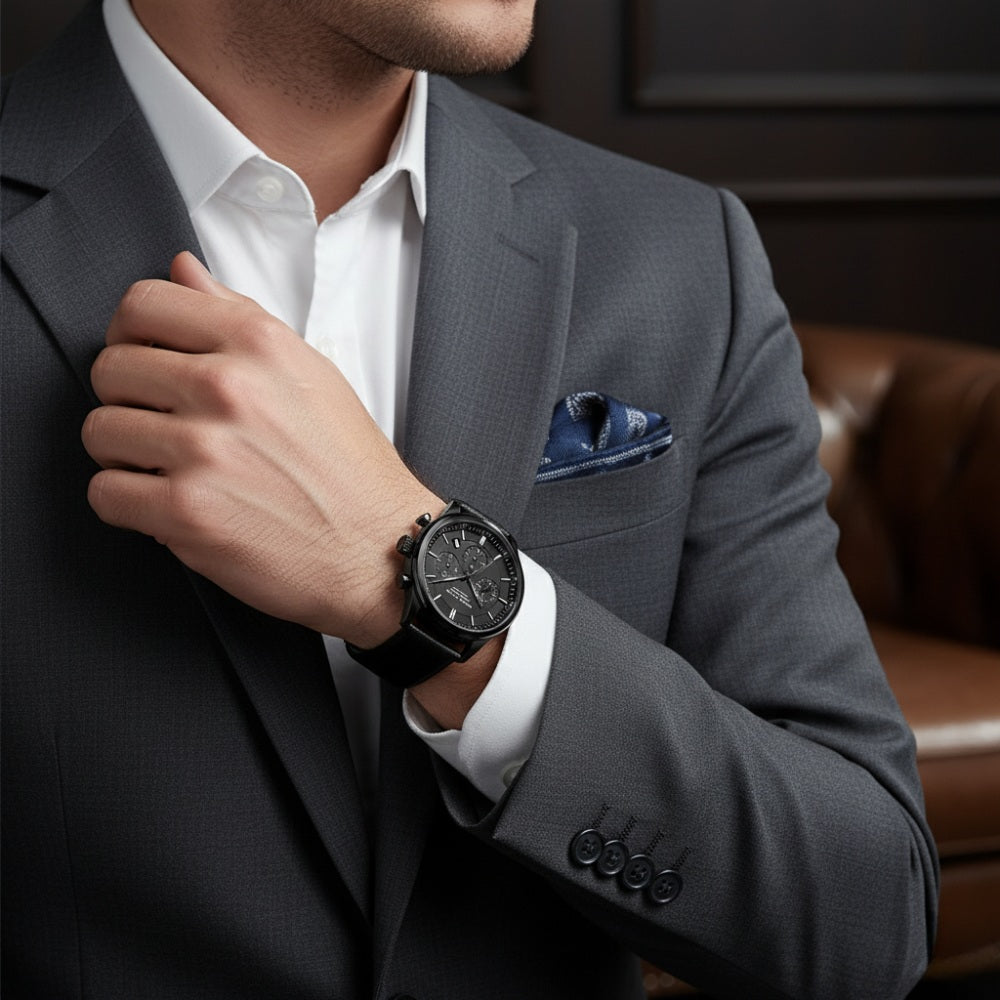 Mens Black Leather Watch - Luxemiro Black