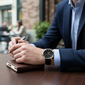 Mens Black Leather Watch - Luxemiro Black Silver