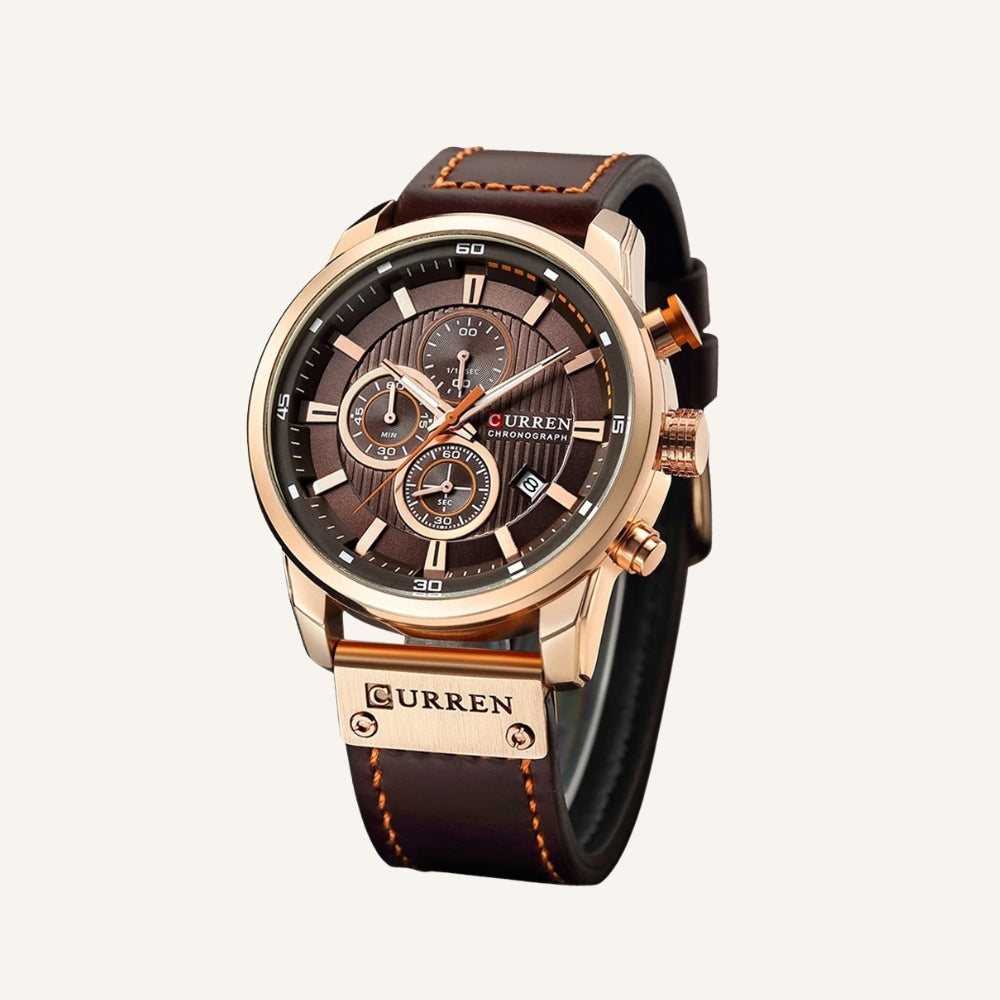 Mens Chronograph Premium Leather Watch - Dominus Rose Gold