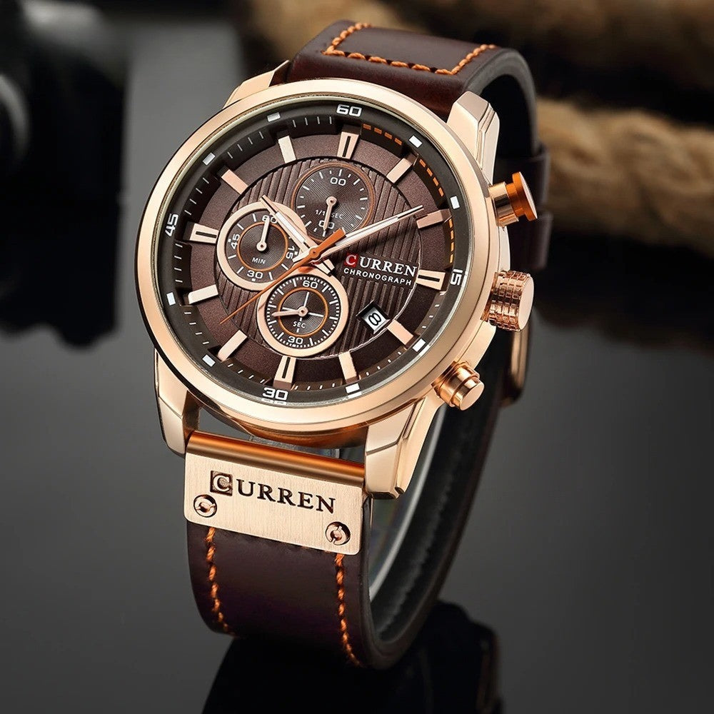 Mens Chronograph Premium Leather Watch - Dominus Rose Gold