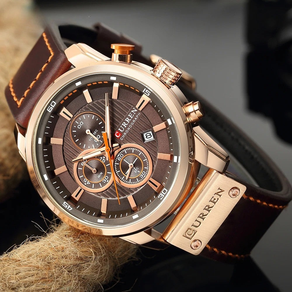 Mens Chronograph Premium Leather Watch - Dominus Rose Gold