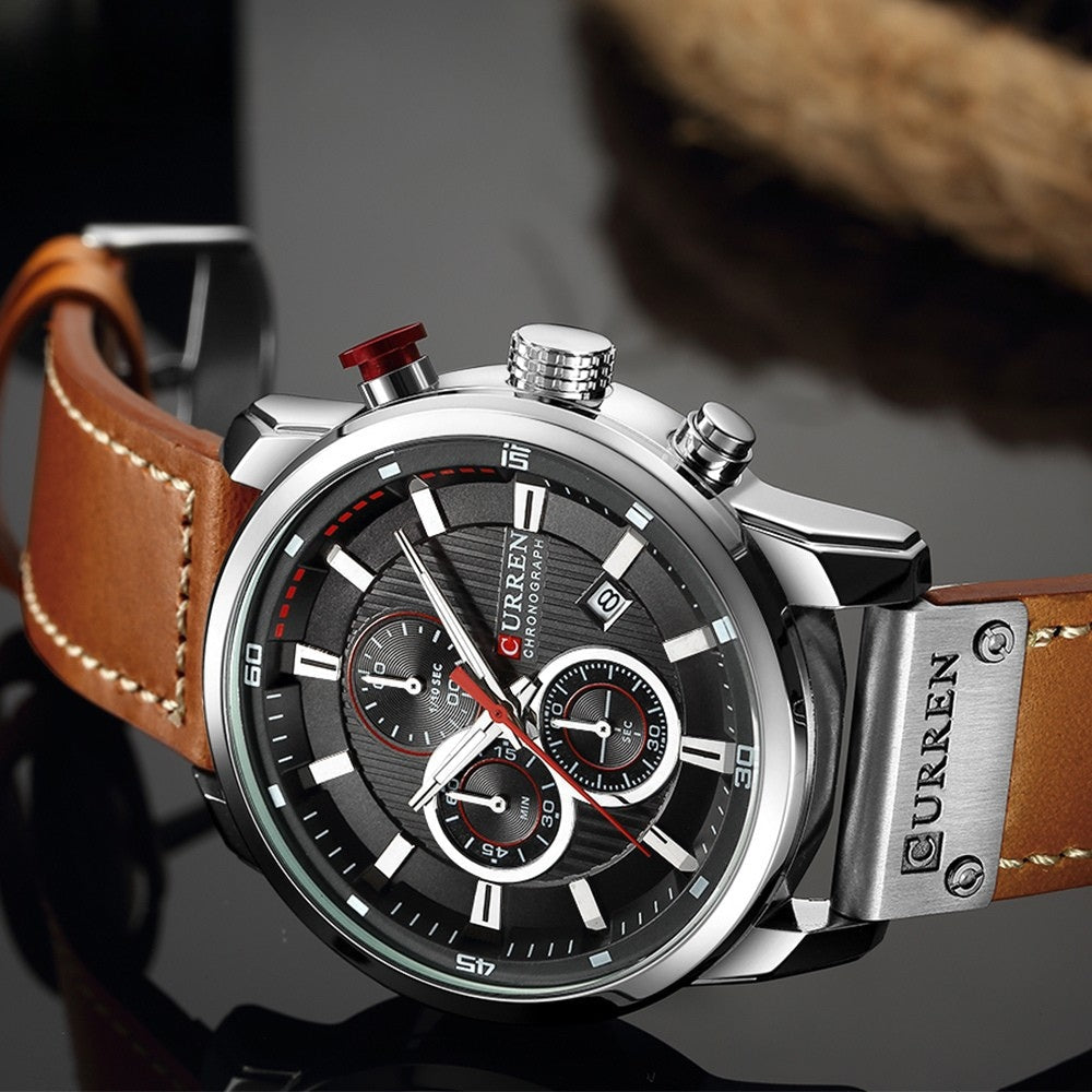 Mens Chronograph Premium Leather Watch - Dominus Silver