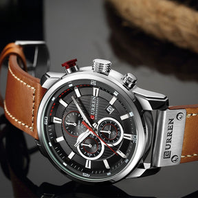 Mens Chronograph Premium Leather Watch - Dominus Silver