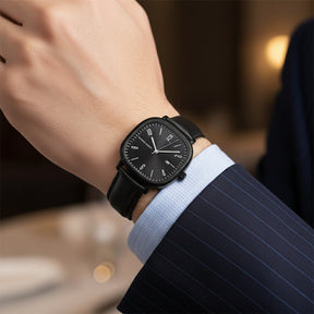 Mens Retro Leather Watch - Outline Black