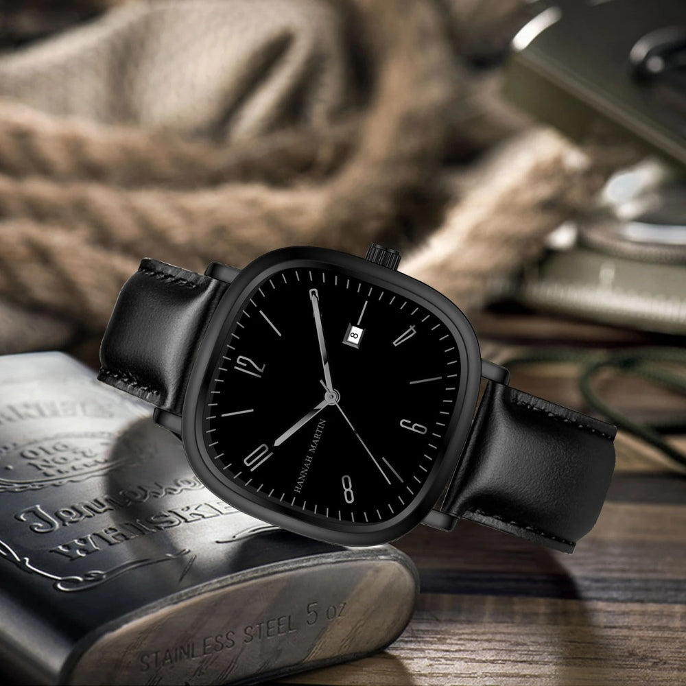 Mens Retro Leather Watch - Outline Black