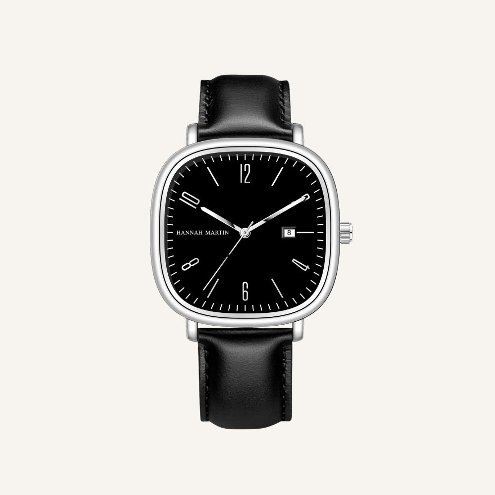 Mens Retro Leather Watch - Outline Black Silver