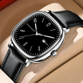 Mens Retro Leather Watch - Outline Black Silver