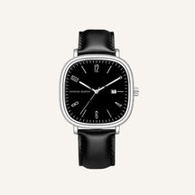 Mens Retro Leather Watch - Outline Black Silver