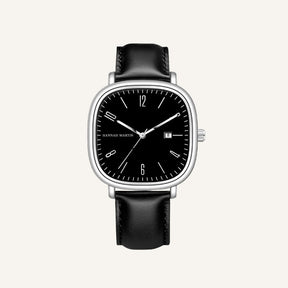 Mens Retro Leather Watch - Outline Black Silver