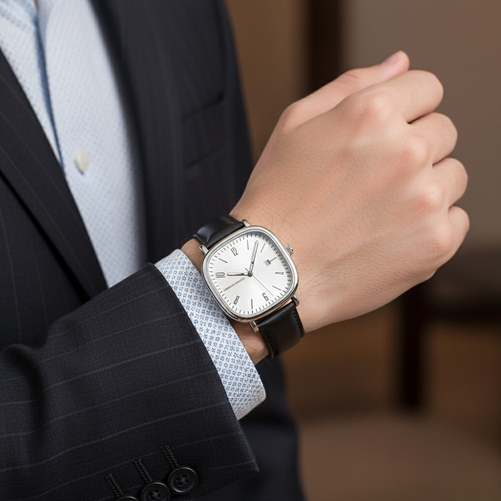 Mens Retro Leather Watch - Outline White