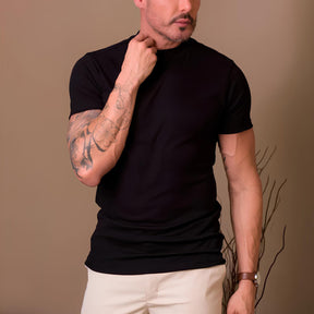 Mens Ribbed High Neck T-Shirt Clarence Black