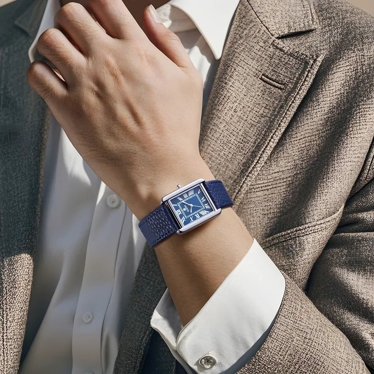 Relógio de Couro Retangular Raez Atempori Azul