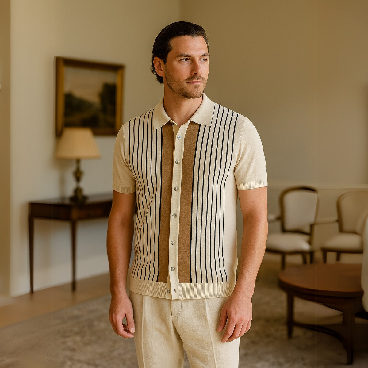 Striped Knit Polo Shirt - Montelle